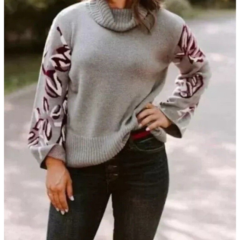 CAbi Eden Gray Purple‎ Pullover Chunky Turtleneck Sweater, Size M